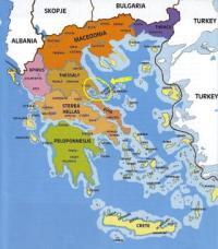  Carte de la Grèce, la presqu`île du Pilion est marqué par un cercle jaune 